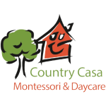 A green background with the words country casa montessori and daycare written in red.