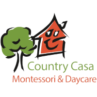 A green background with the words country casa montessori and daycare written in red.